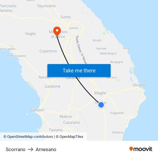 Scorrano to Arnesano map