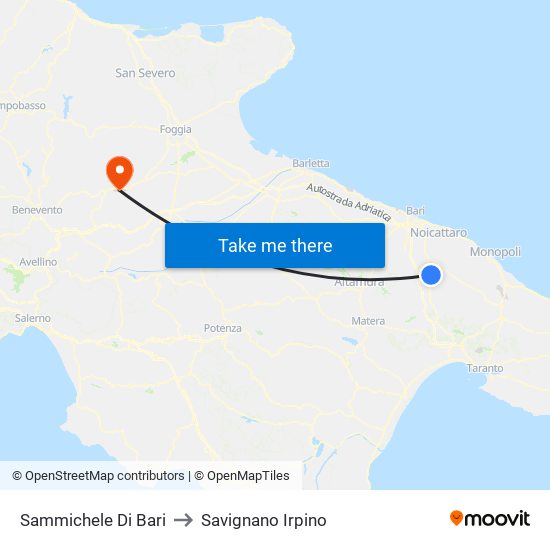 Sammichele Di Bari to Savignano Irpino map