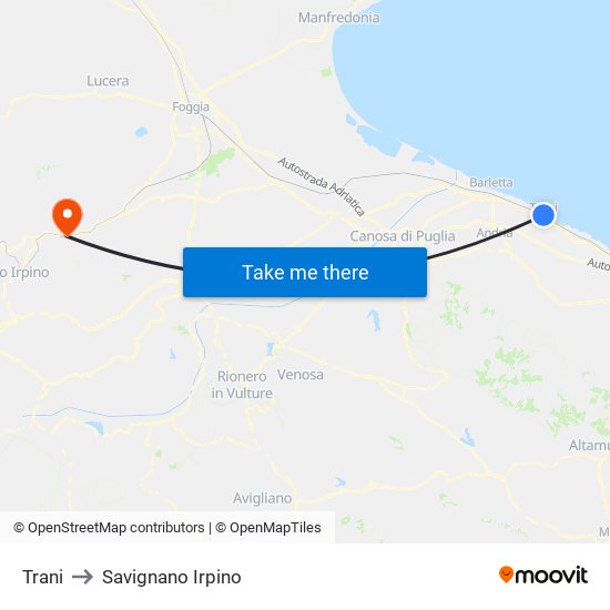 Trani to Savignano Irpino map