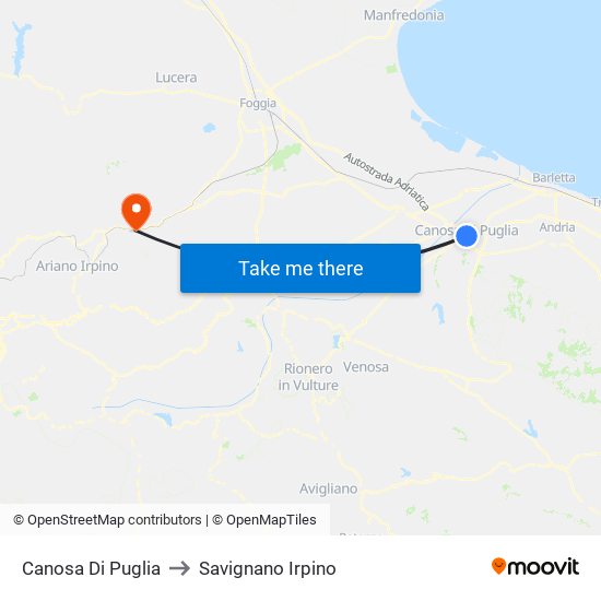 Canosa Di Puglia to Savignano Irpino map