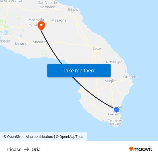 Tricase to Oria map