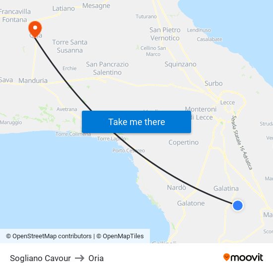 Sogliano Cavour to Oria map