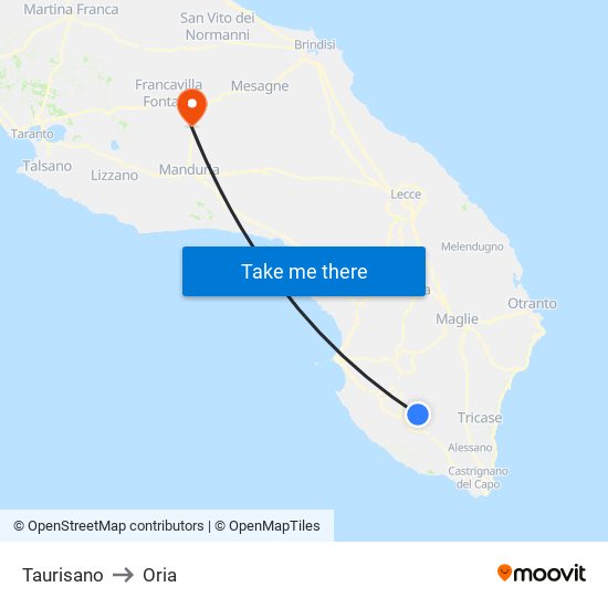 Taurisano to Oria map