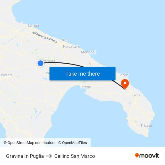 Gravina In Puglia to Cellino San Marco map