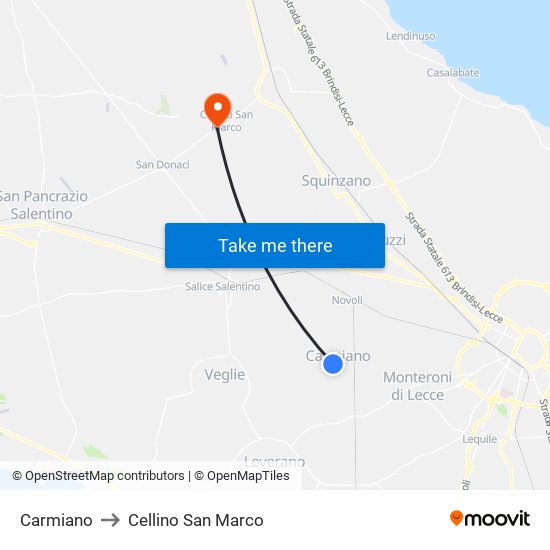 Carmiano to Cellino San Marco map