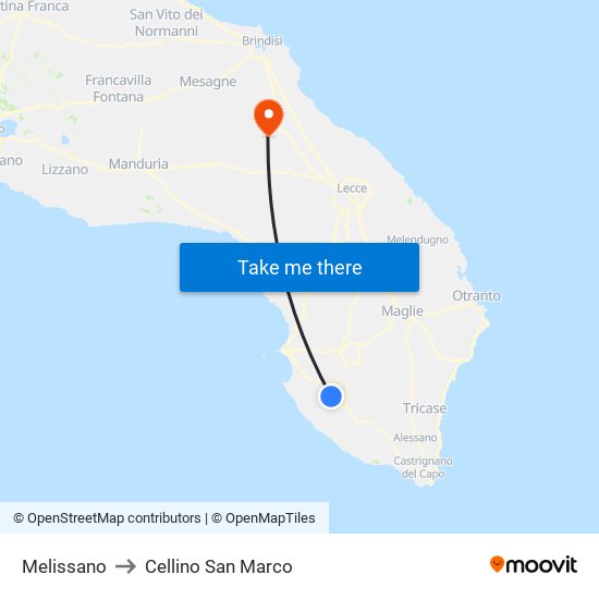 Melissano to Cellino San Marco map