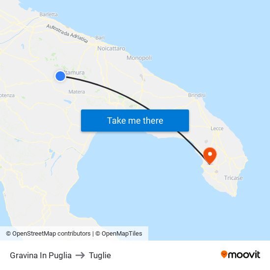 Gravina In Puglia to Tuglie map