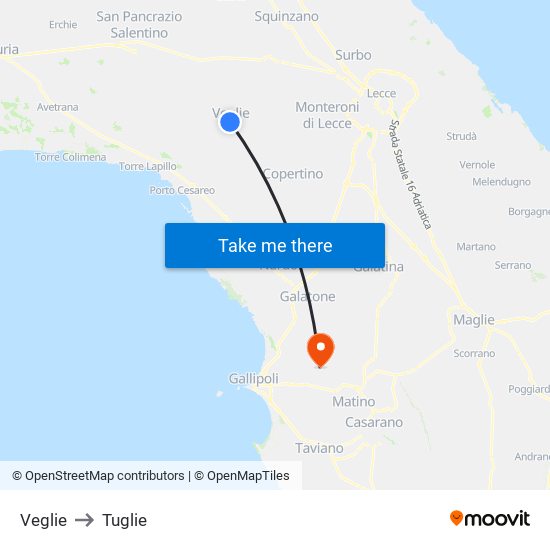 Veglie to Tuglie map