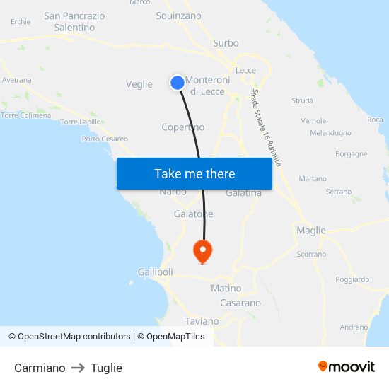 Carmiano to Tuglie map