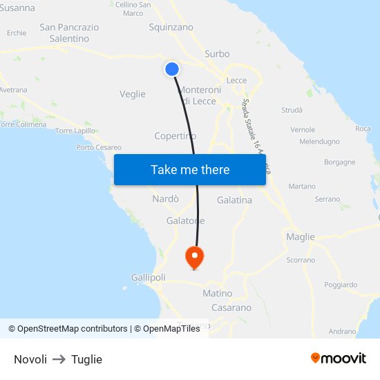 Novoli to Tuglie map