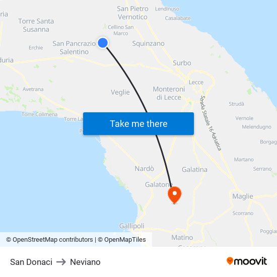 San Donaci to Neviano map