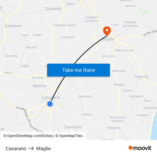 Casarano to Maglie map
