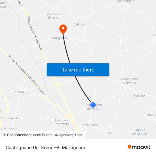 Castrignano De' Greci to Martignano map