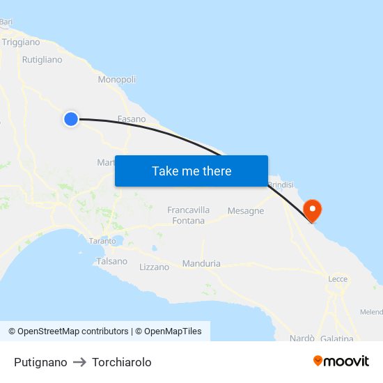 Putignano to Torchiarolo map
