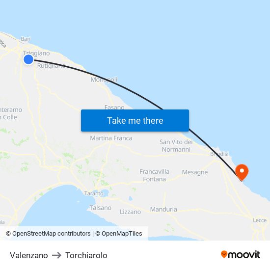 Valenzano to Torchiarolo map