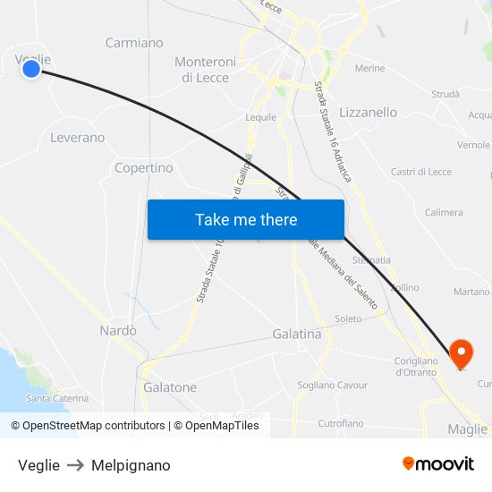 Veglie to Melpignano map