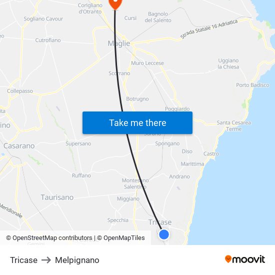 Tricase to Melpignano map