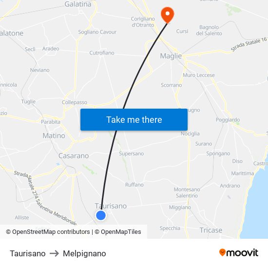 Taurisano to Melpignano map