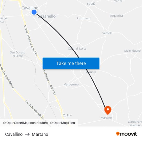 Cavallino to Martano map