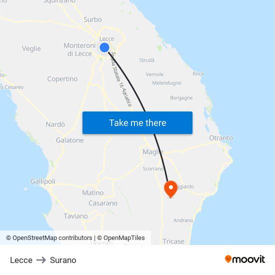 Lecce to Surano map