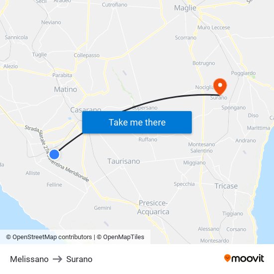 Melissano to Surano map