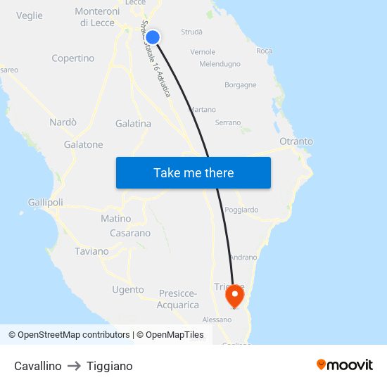 Cavallino to Tiggiano map