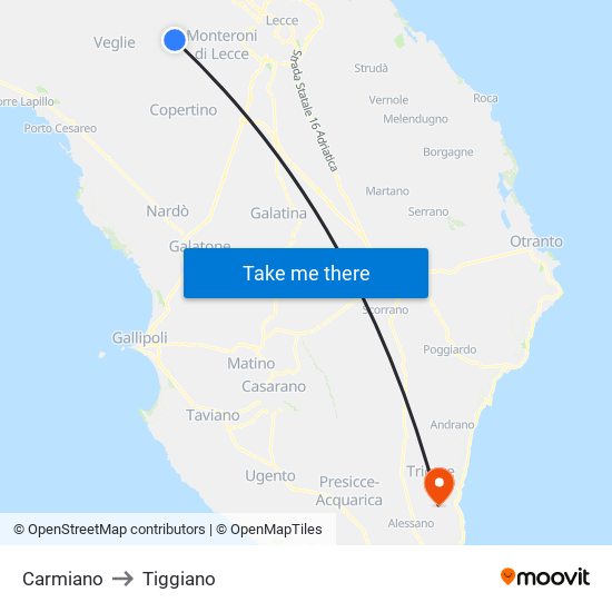 Carmiano to Tiggiano map