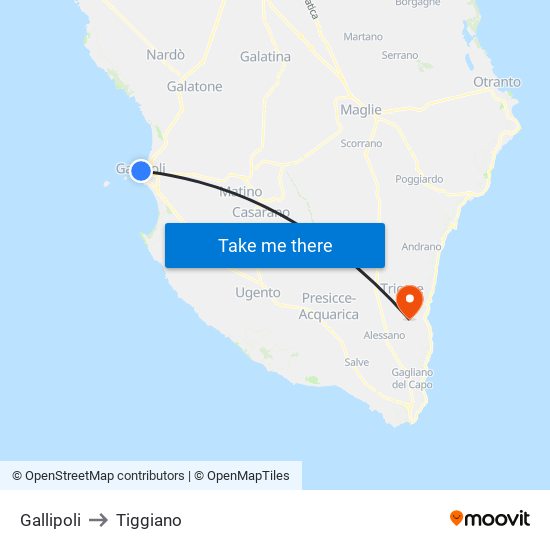 Gallipoli to Tiggiano map