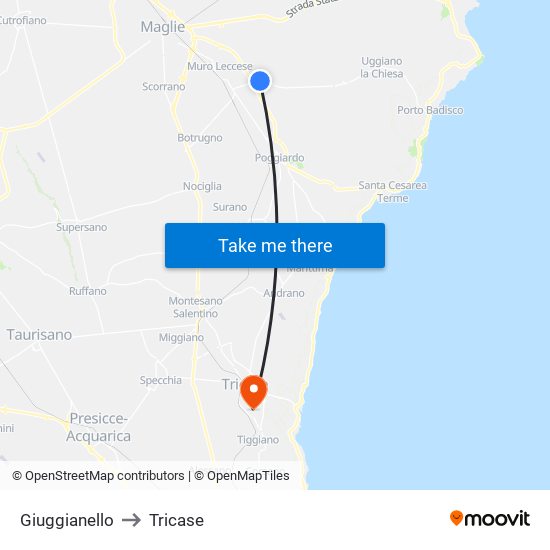 Giuggianello to Tricase map