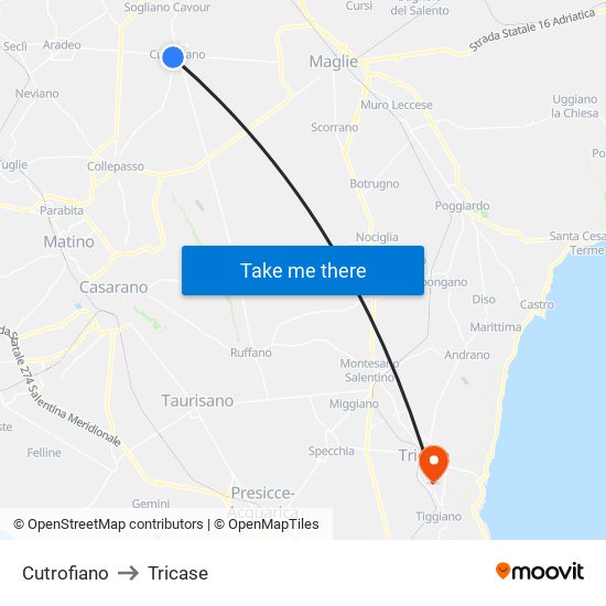Cutrofiano to Tricase map