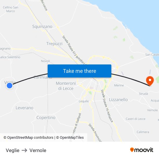 Veglie to Vernole map
