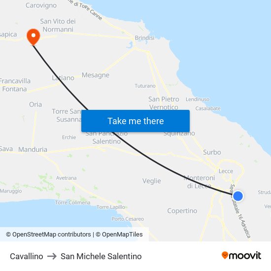 Cavallino to San Michele Salentino map