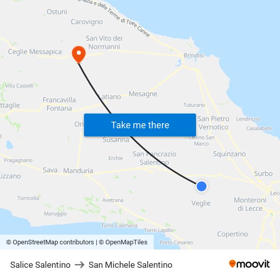 Salice Salentino to San Michele Salentino map