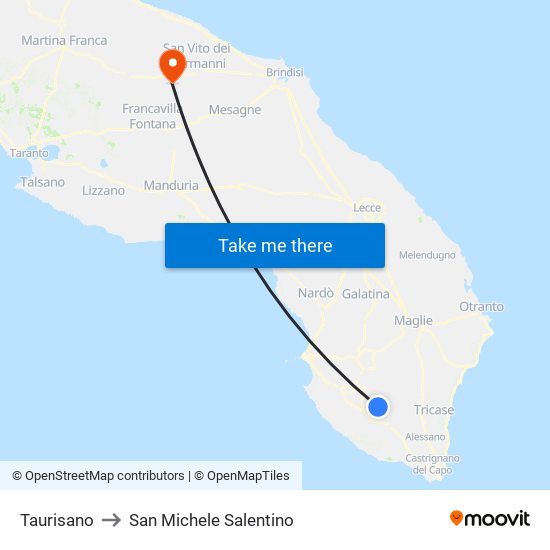 Taurisano to San Michele Salentino map