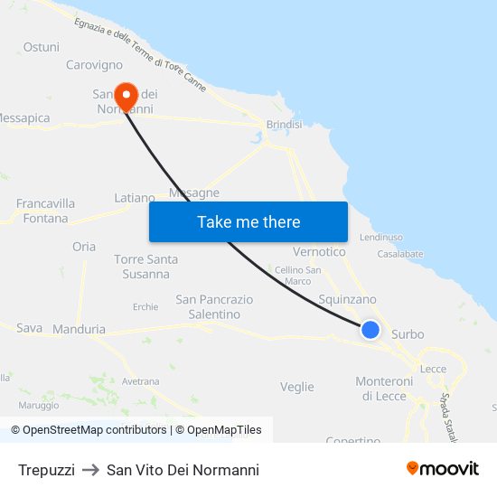 Trepuzzi to San Vito Dei Normanni map