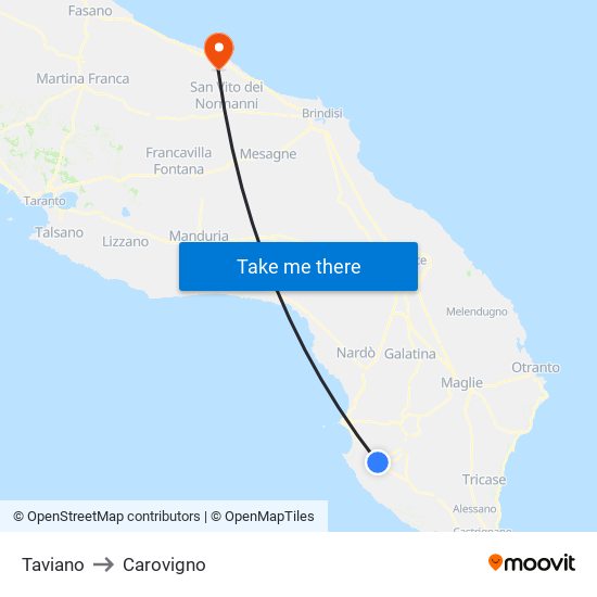 Taviano to Carovigno map