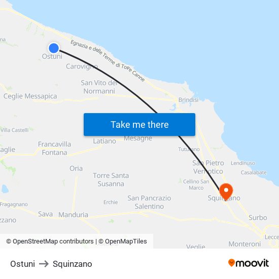 Ostuni to Squinzano map