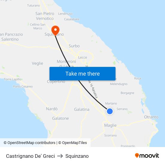 Castrignano De' Greci to Squinzano map
