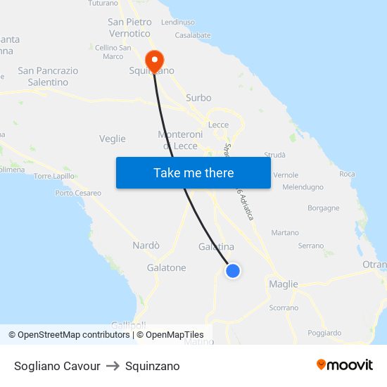 Sogliano Cavour to Squinzano map