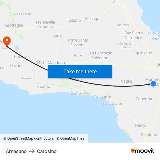 Arnesano to Carosino map