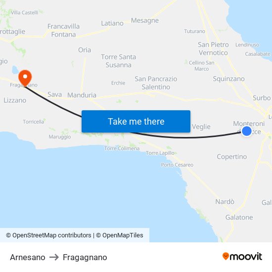 Arnesano to Fragagnano map