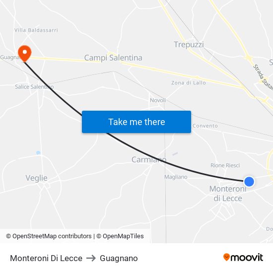 Monteroni Di Lecce to Guagnano map