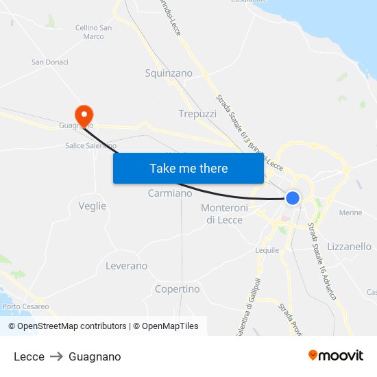 Lecce to Guagnano map