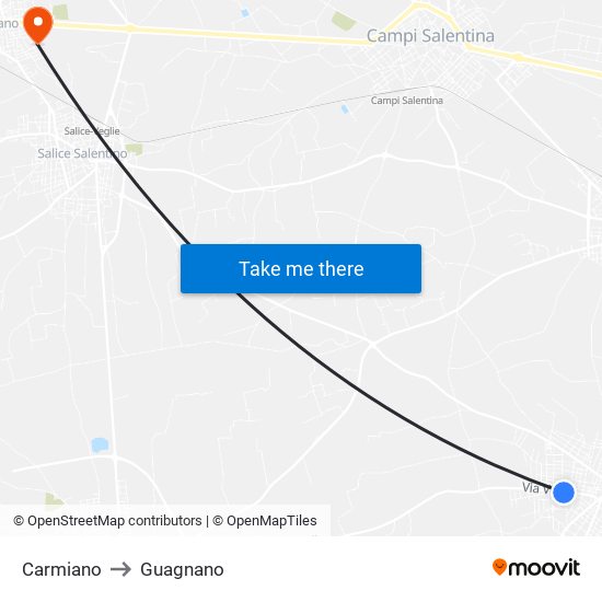 Carmiano to Guagnano map