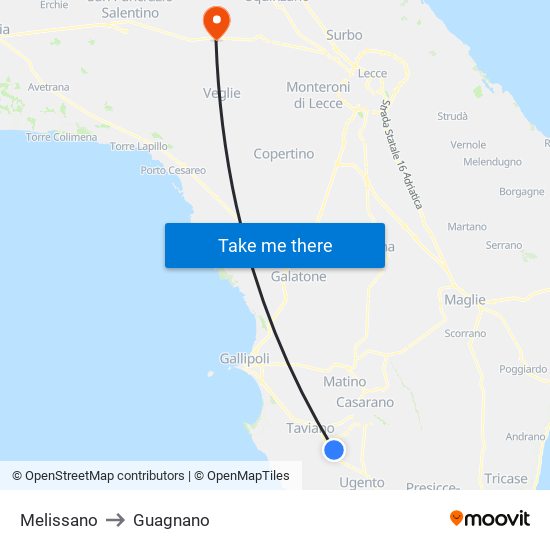 Melissano to Guagnano map