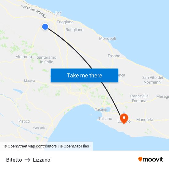 Bitetto to Lizzano map