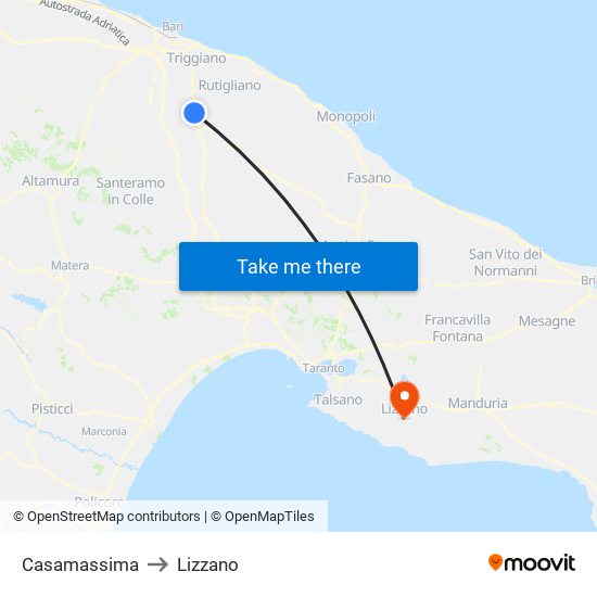 Casamassima to Lizzano map