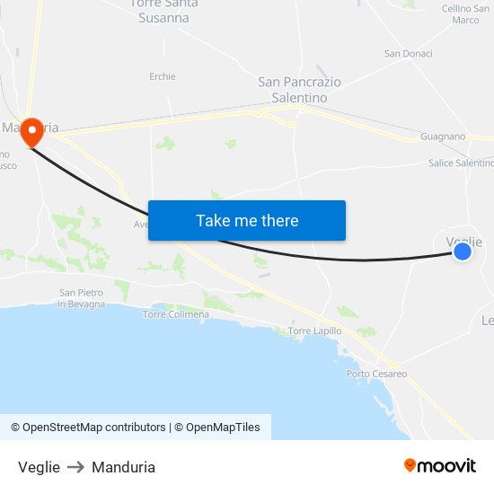 Veglie to Manduria map