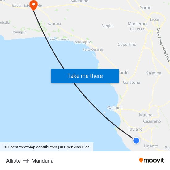 Alliste to Manduria map