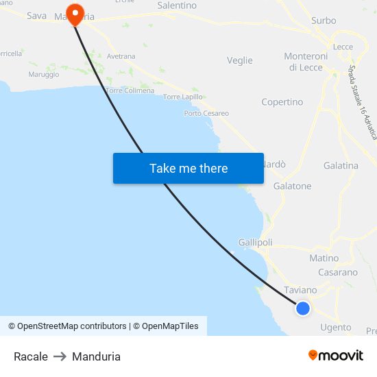 Racale to Manduria map